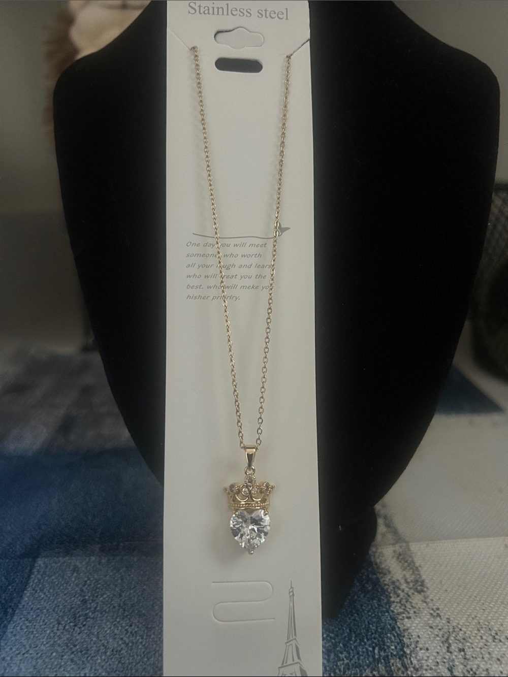 Gold-Tone Crown Heart Pendant Necklace with Clear Stone - Women Jewelry